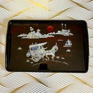 Vintage Lacquer Serving Tray Mother of Pearl Inlay Scenic Asian Decor